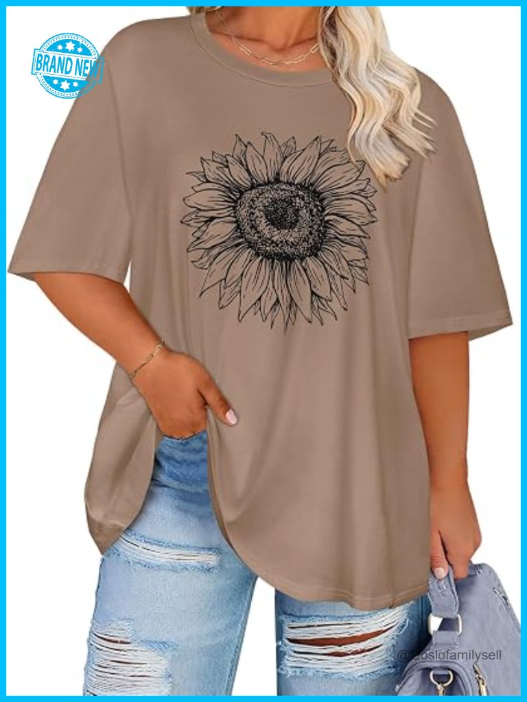 Oversized Plus Size T-Shirt Crew Neck Short Sleeve Blouse Soft Floral Print